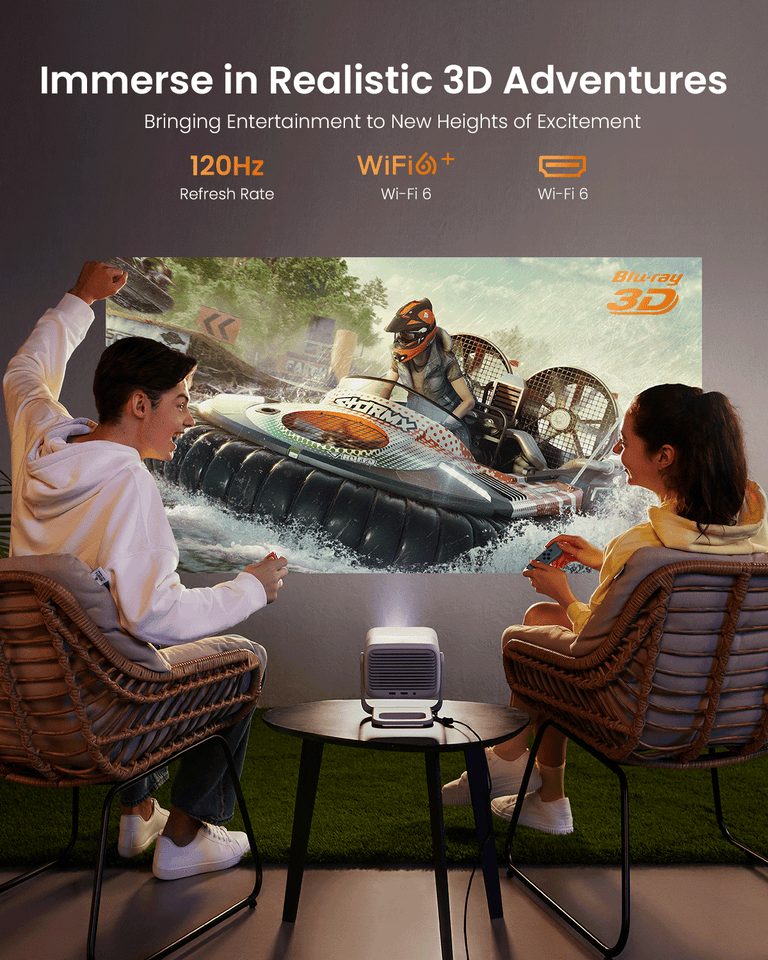A man and a woman playing video games with the JMGO N1S projector, enjoying an immersive 3D effect that delivers vivid visuals and a theater-like gaming experience at home.