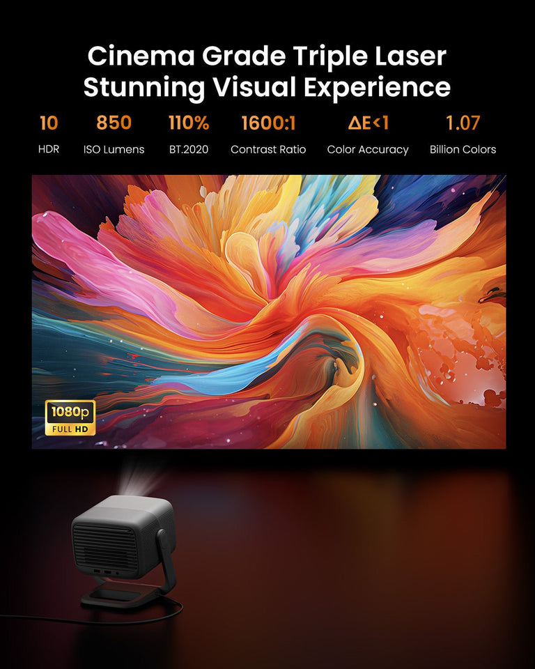 JMGO N1S projector with advanced tri-color laser technology, delivering ultra-high picture quality with wide color gamut and vivid HDR performance.