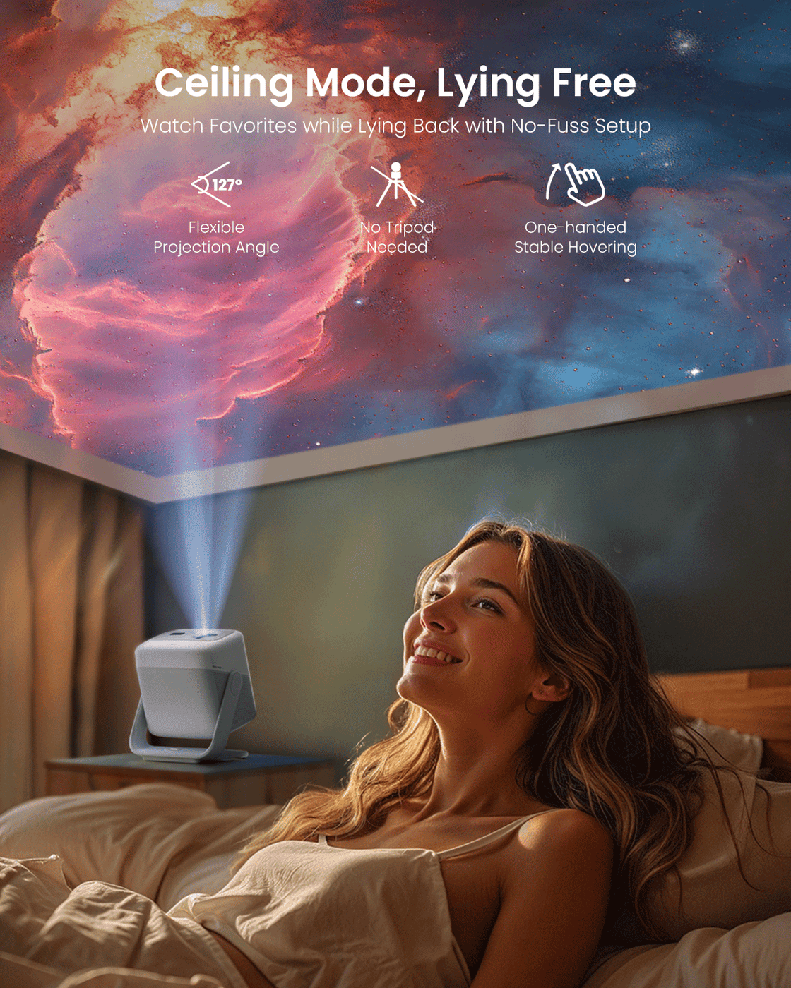 A young woman using the JMGO N1S portable home theater projector with a flexible 127° projection angle. This lightweight smart projector easily projects onto the ceiling.