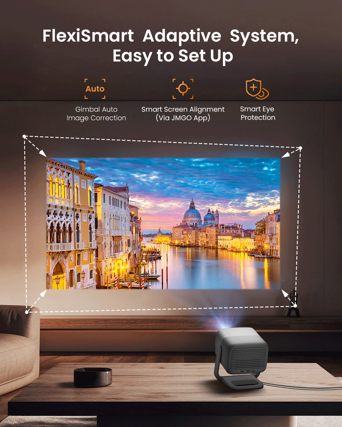JMGO N1S smart projector with gimbal auto image correction, screen adaptation, and eye-care system for flexible and comfortable home viewing