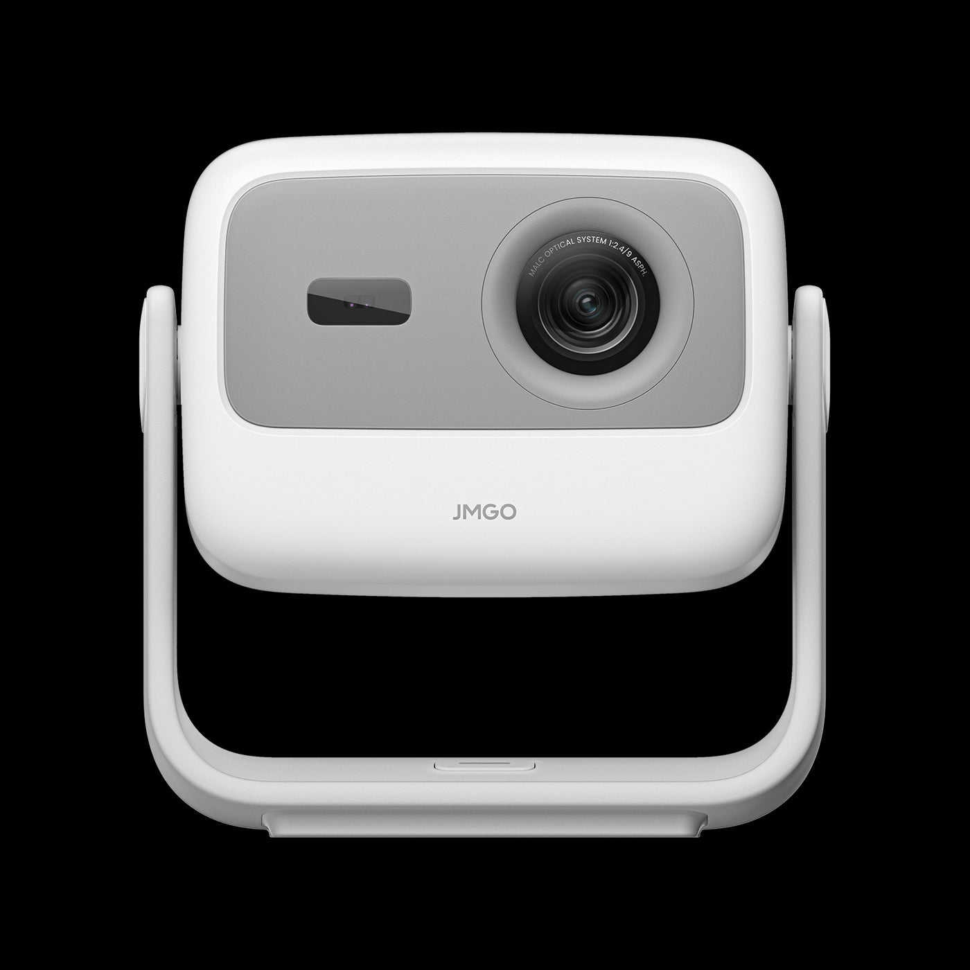 Front view of the JMGO N1S portable projector in silver-white, showing its compact and lightweight design that is easy to carry by hand.