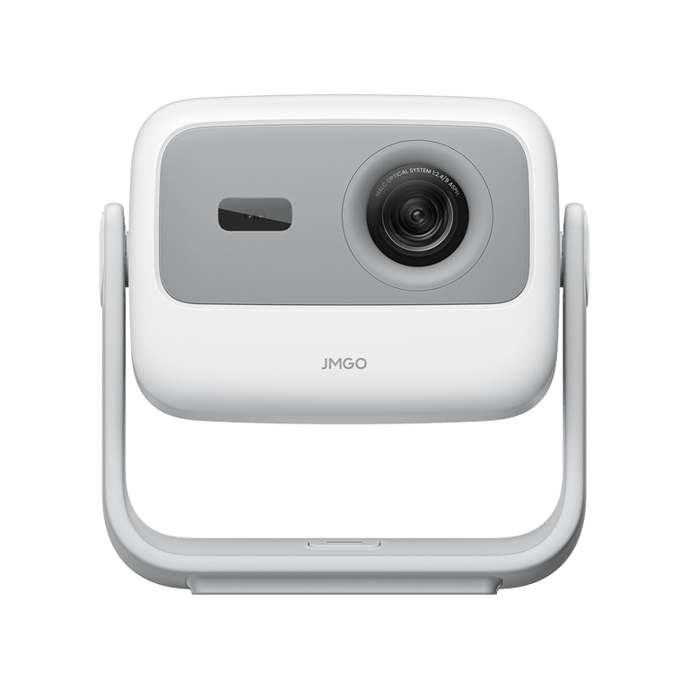 Front view of the JMGO N1S portable projector in silver-white, showing its compact and lightweight design that is easy to carry by hand.