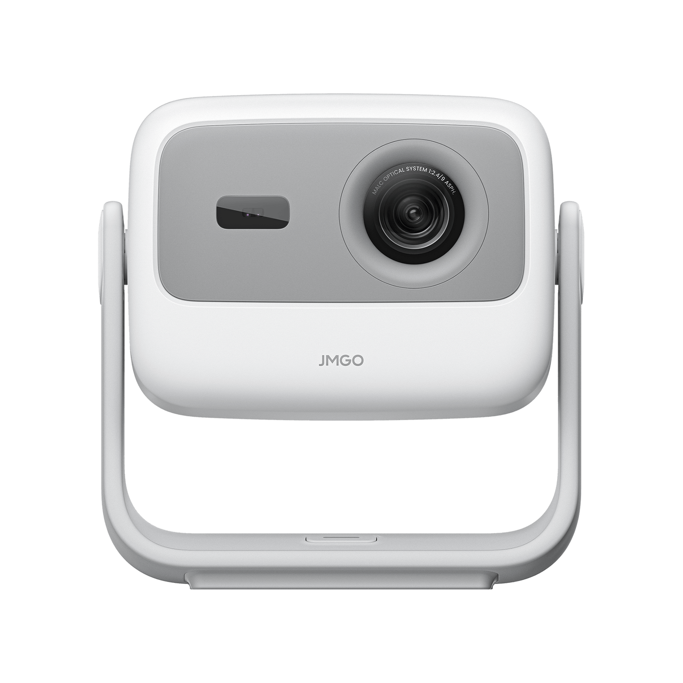 Front view of the JMGO N1S portable projector in silver-white, showing its compact and lightweight design that is easy to carry by hand.