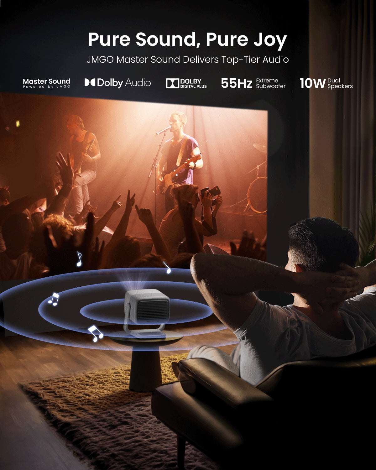 A man enjoying music with the JMGO N1S portable home projector, featuring immersive Dolby audio for high-quality sound and an enhanced entertainment experience at home