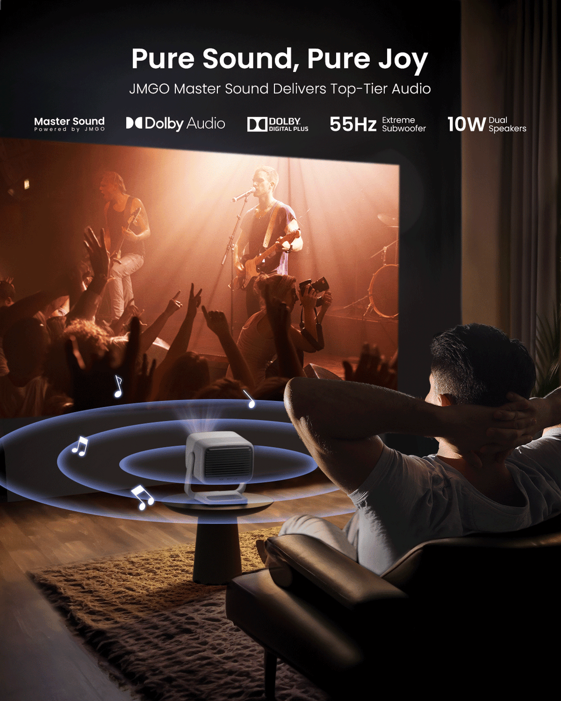 A man enjoying music with the JMGO N1S portable home projector, featuring immersive Dolby audio for high-quality sound and an enhanced entertainment experience at home