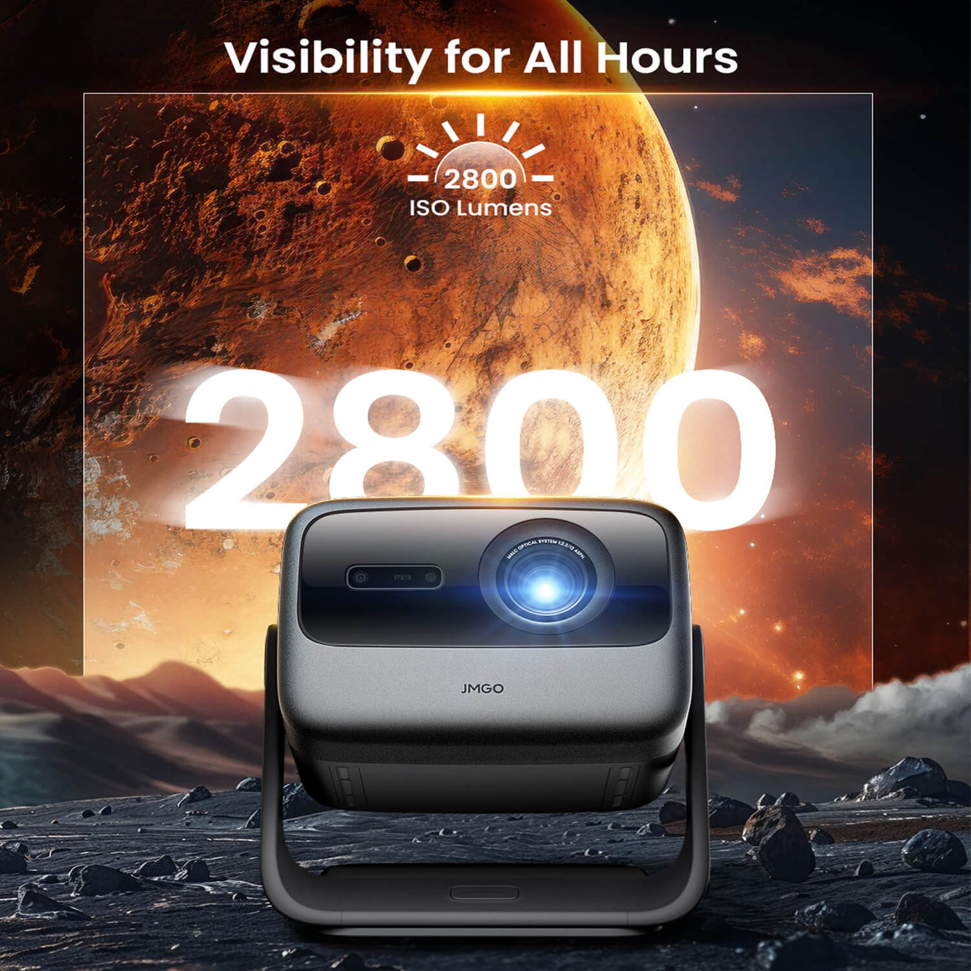 JMGO N1S Ultra Home Theater Projector with 2800 ISO Lumens on a space-themed background
