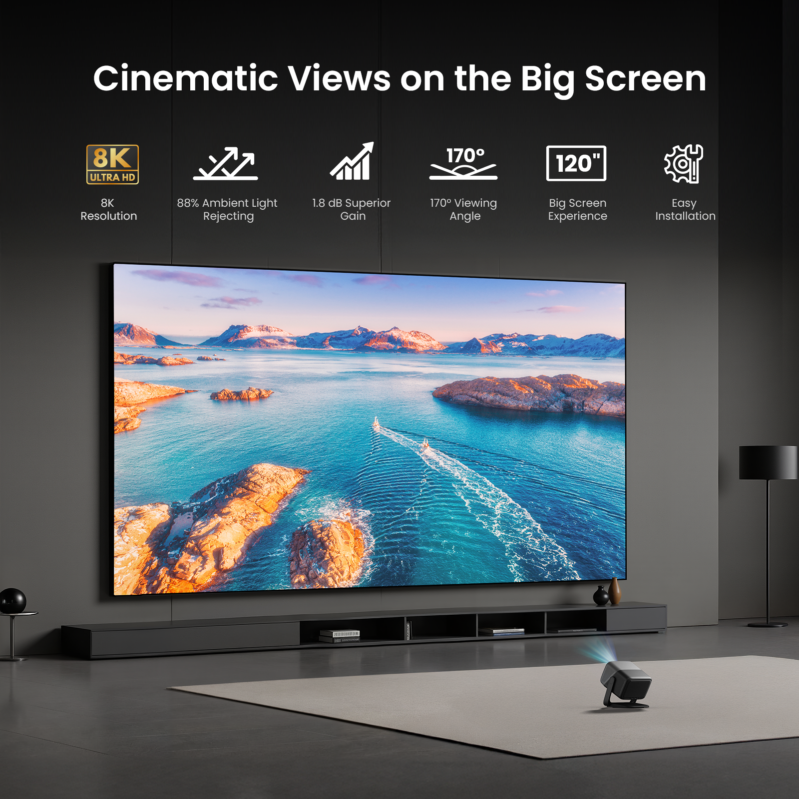 120 inch Fresnel ALR projector screen with 8K resolution and 88% ambient light rejection