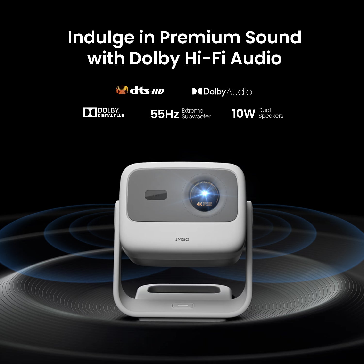 JMGO N1S 4K portable mini projector showcasing Dolby HiFi sound with technical specifications, ideal for home theater and high-quality audio entertainment.
