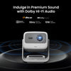 JMGO N1S 4K portable mini projector showcasing Dolby HiFi sound with technical specifications, ideal for home theater and high-quality audio entertainment.