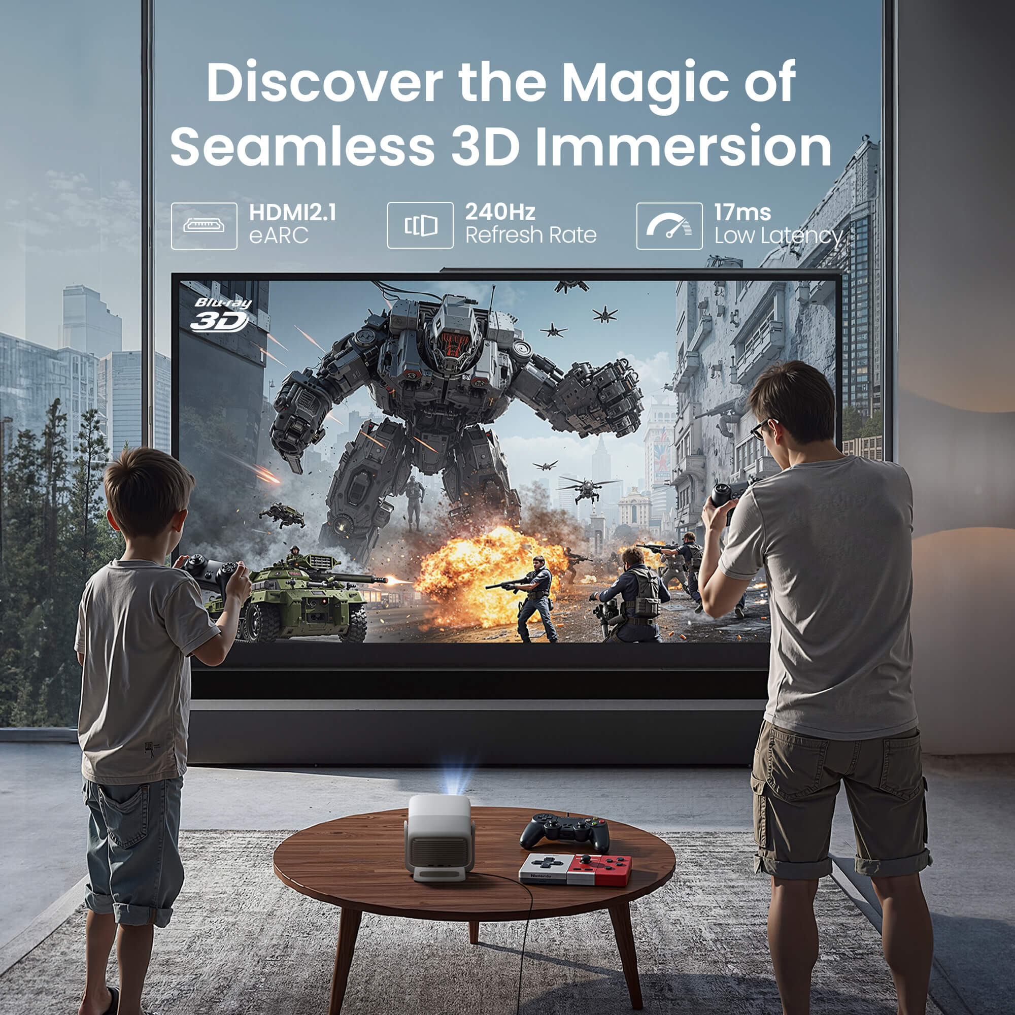 Two people playing a video game on a large screen with JMGO N1S 4K gaming projector, featuring 3D immersive display, HDMI 2.1, 240Hz refresh rate, and 17ms low latency for smooth home gaming experience.