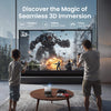 Two people playing a video game on a large screen with JMGO N1S 4K gaming projector, featuring 3D immersive display, HDMI 2.1, 240Hz refresh rate, and 17ms low latency for smooth home gaming experience.