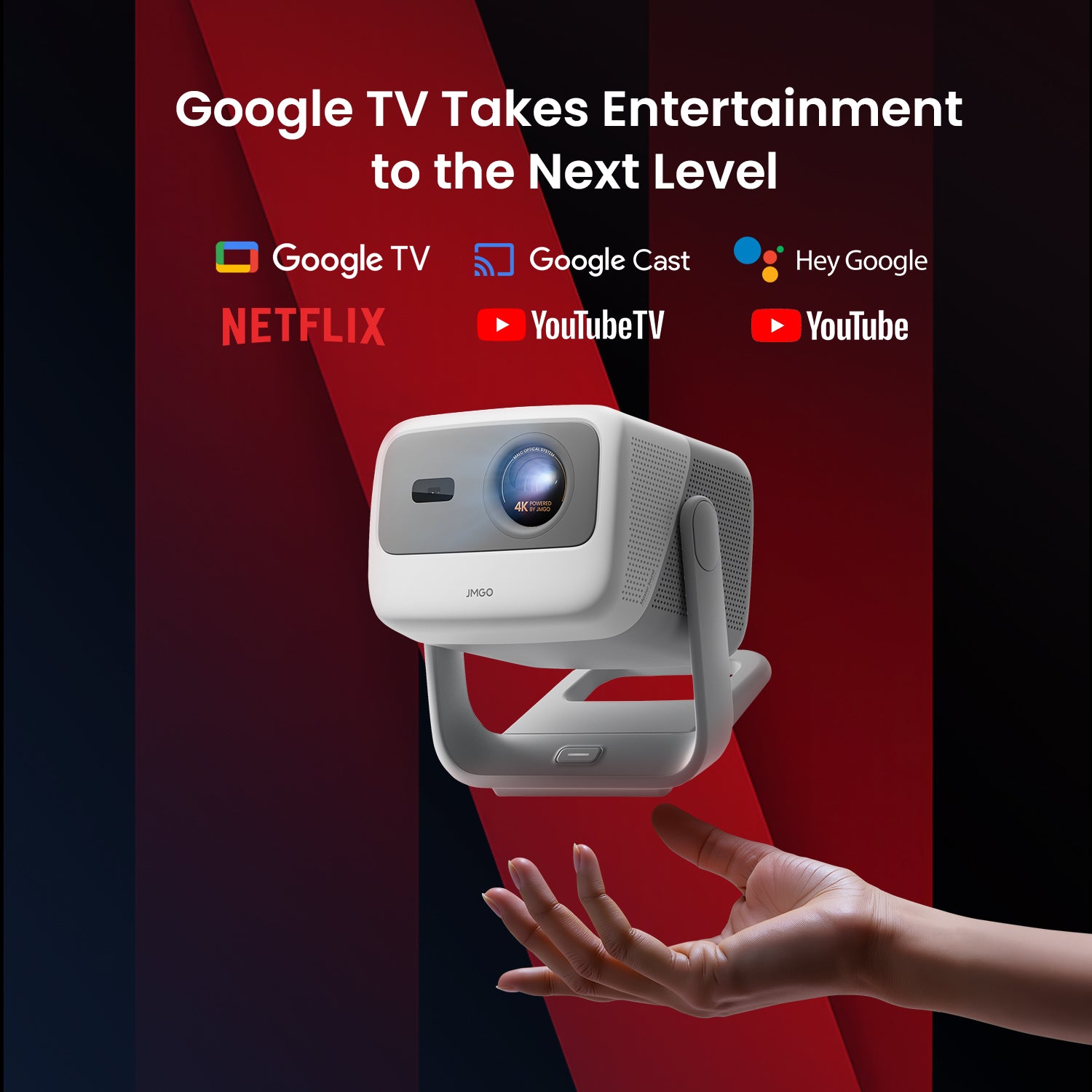 Hand holding JMGO N1S 4K portable mini 4K gaming projector showcasing Google TV streaming support and smart home entertainment features.