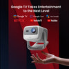Hand holding JMGO N1S 4K portable mini 4K gaming projector showcasing Google TV streaming support and smart home entertainment features.