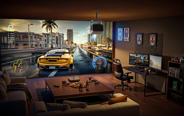 JMGO N1S Ultra 4K gaming projector displaying a racing game in an esports room