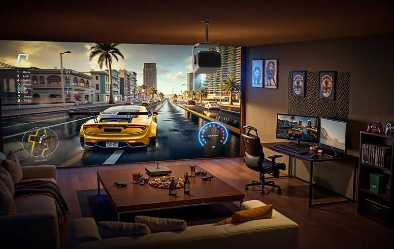 JMGO N1S Ultra 4K gaming projector displaying a racing game in an esports room