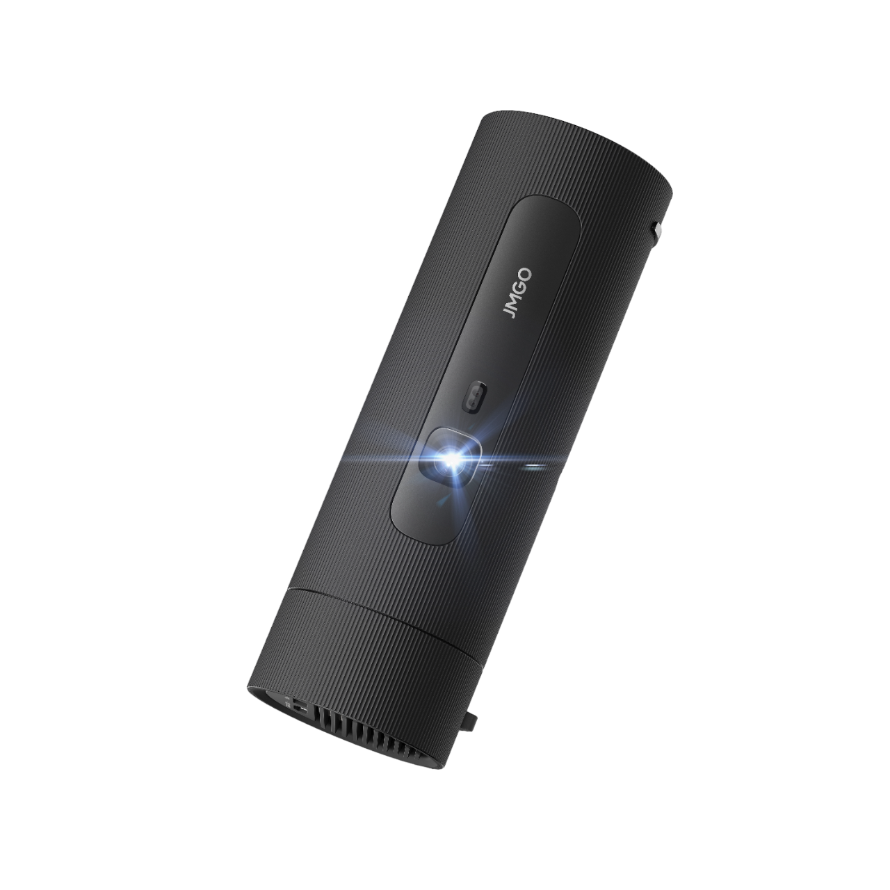 Front view of the black JMGO PicoFlix portable projector with sleek body, offering cordless use and up to 4.5 hours of battery life for outdoor and on-the-go viewing
