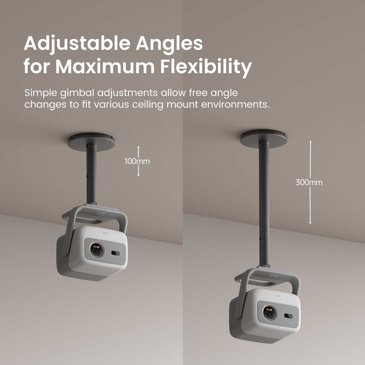 JMGO ceiling mount for mini projectors, adjustable 100–300mm for different ceiling heights, compatible with N1S 4K, N1S, N1, and PicoFlix.