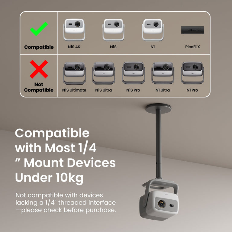 JMGO ceiling mount compatible with N1S 4K, N1S, N1, and PicoFlix mini projectors, designed for secure and adjustable installation for home theater