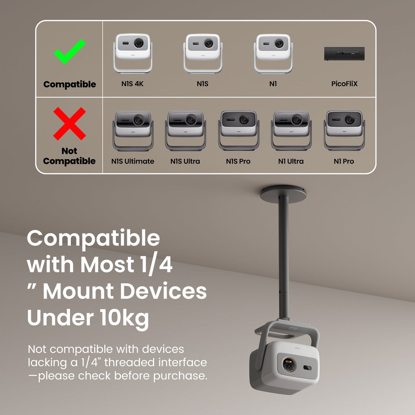 JMGO ceiling mount compatible with N1S 4K, N1S, N1, and PicoFlix mini projectors, designed for secure and adjustable installation for home theater