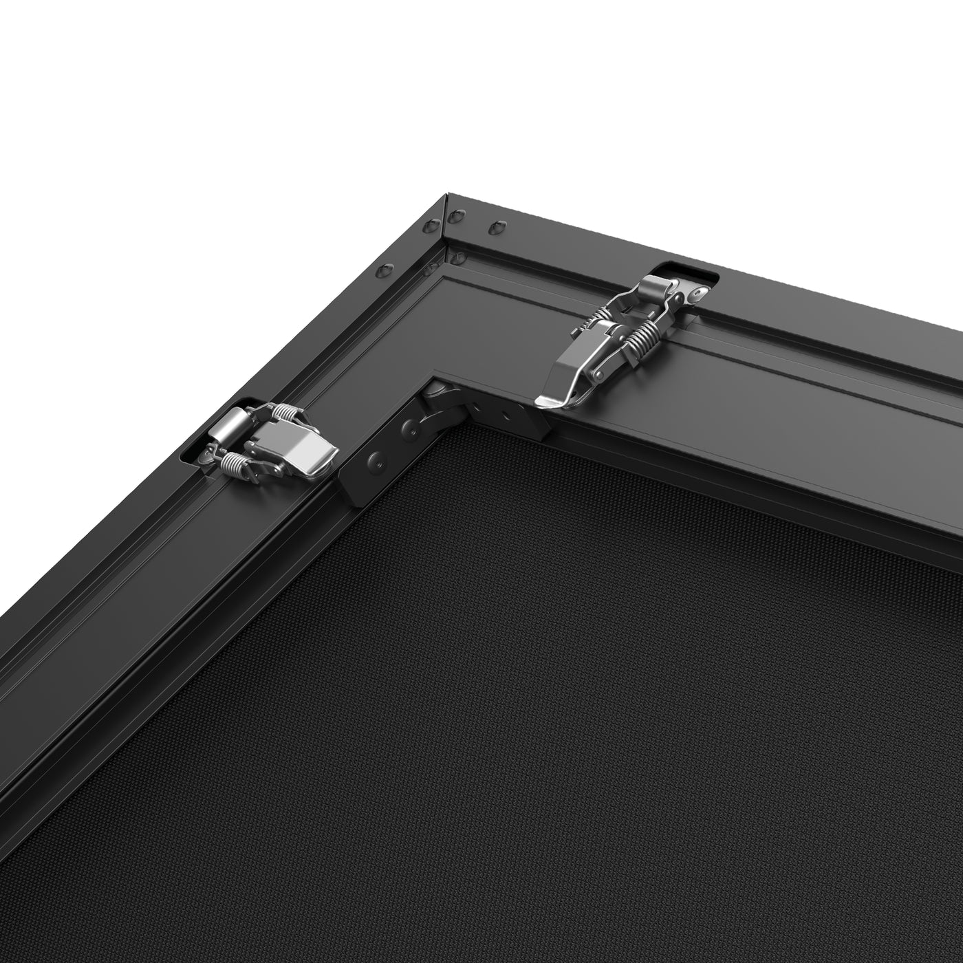 Close-up of projector screen aluminum frame with secure metal spring clips