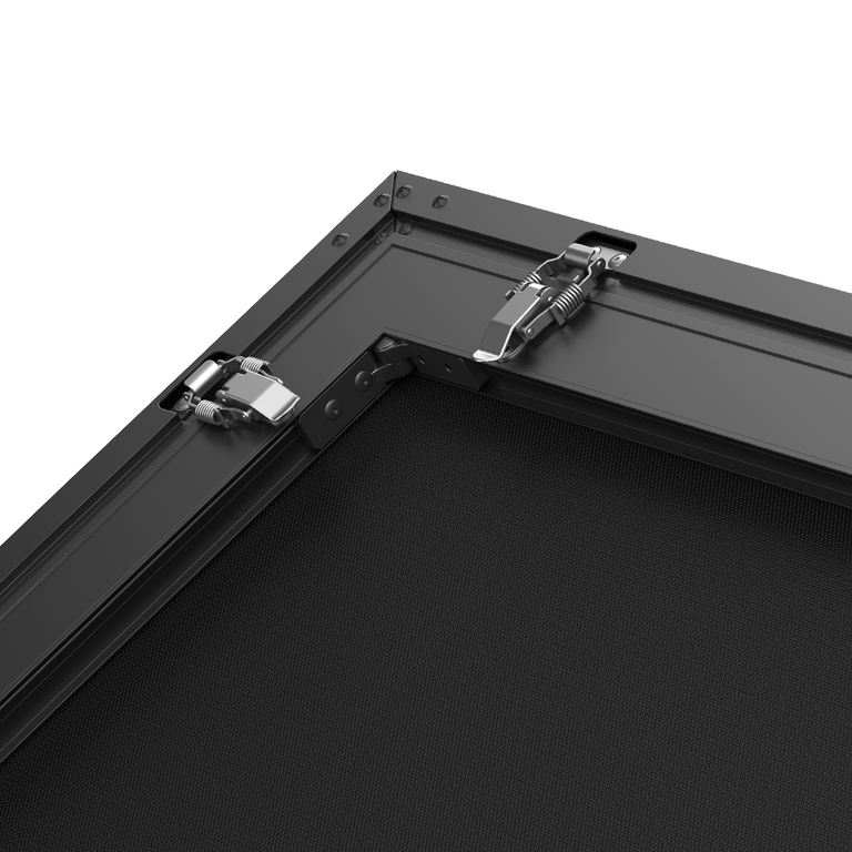 Close-up of projector screen aluminum frame with secure metal spring clips