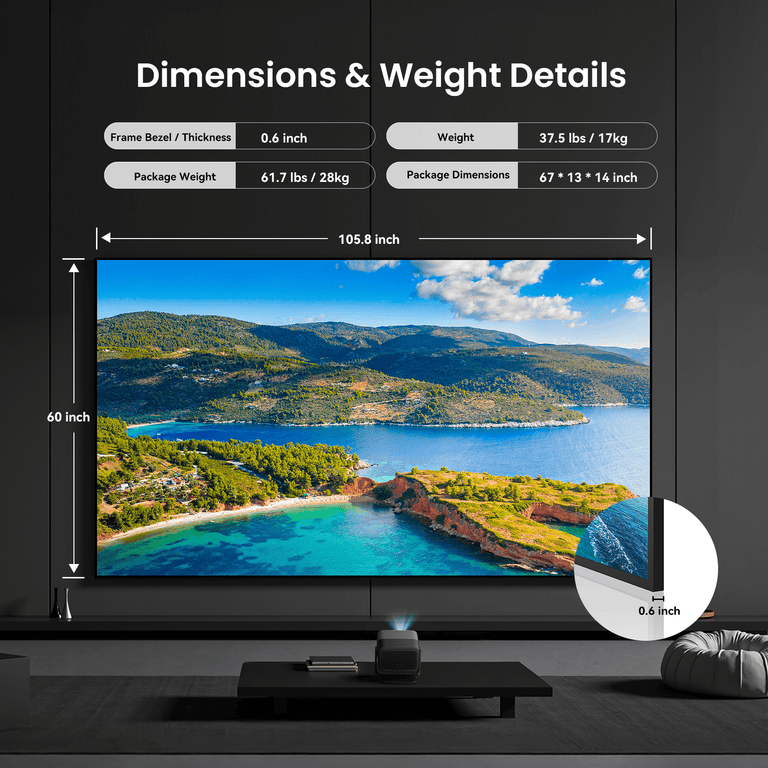 120-inch Fresnel ALR projector screen with 0.6-inch slim profile, weighing 17kg. Screen dimensions: 67 × 13 × 14 inches, designed for easy installation