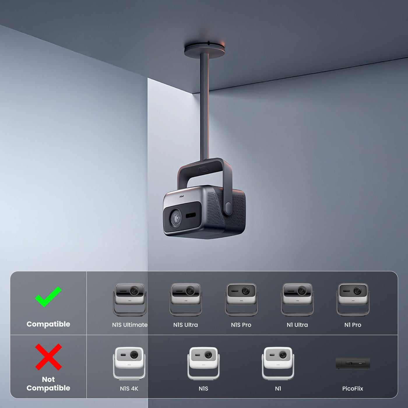 JMGO ceiling mount compatible with N1S ultimate N1S Ultra N1S Pro N1 Ultra N1 Pro, designed for secure and adjustable installation for home theater