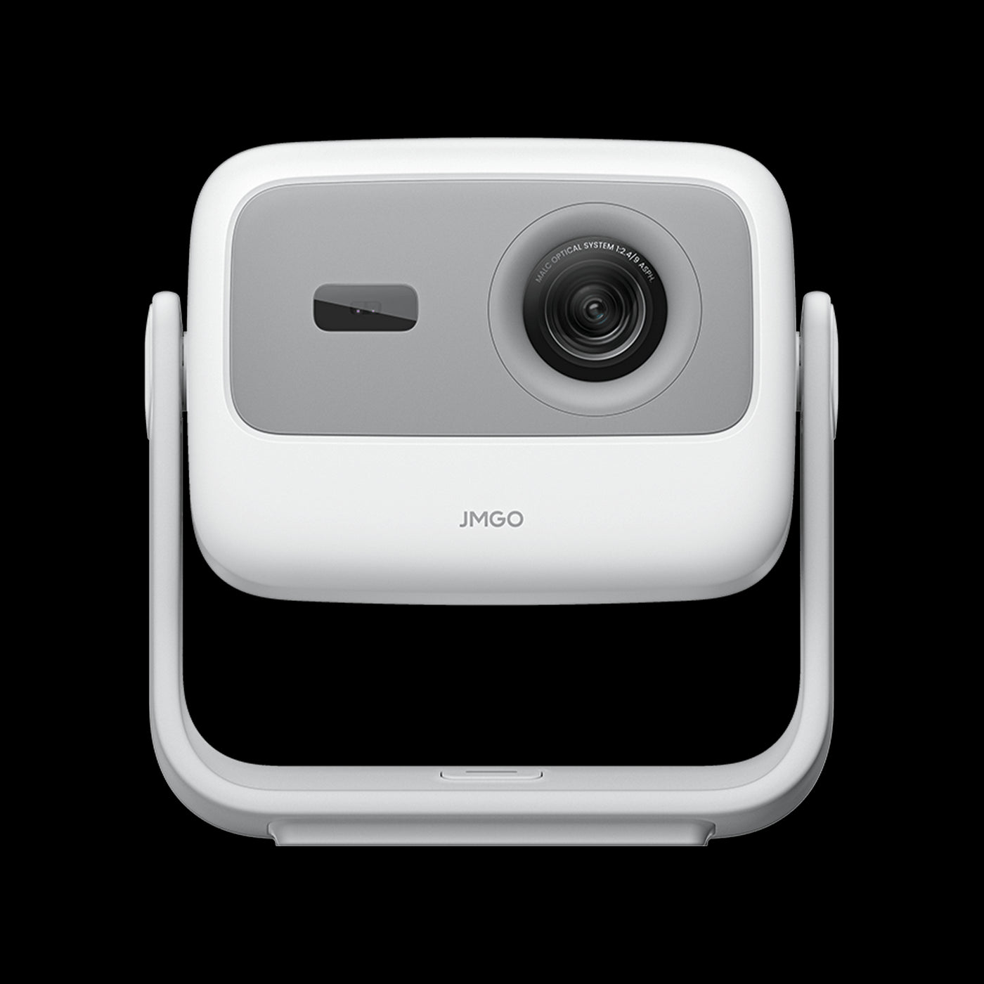 Front view of the silver-white JMGO N1 portable mini projector with integrated gimbal design for flexible tripod-free setup and immersive Full HD home theater experience.