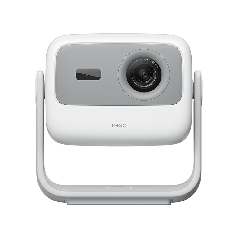 Front view of the silver-white JMGO N1 portable mini projector with integrated gimbal design for flexible tripod-free setup and immersive Full HD home theater experience.