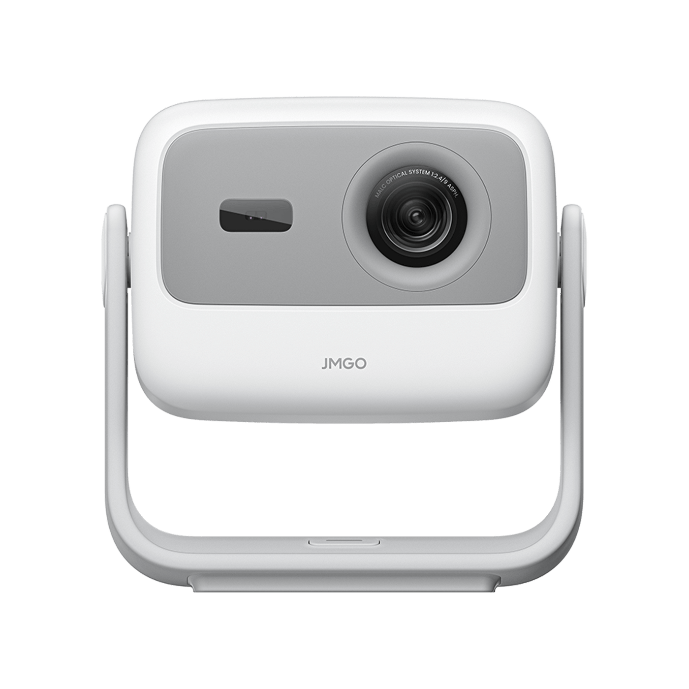 Front view of the silver-white JMGO N1 portable mini projector with integrated gimbal design for flexible tripod-free setup and immersive Full HD home theater experience.