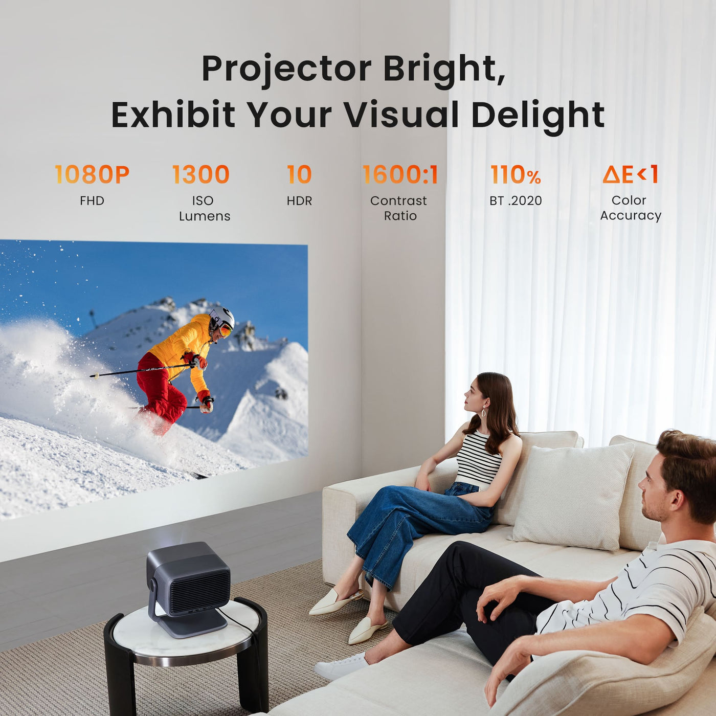 A man and a woman watching the JMGO N1 Pro projector, enjoying bright 1300 ISO lumen output and high-quality visuals with 1600:1 contrast ratio for an immersive home theater experience