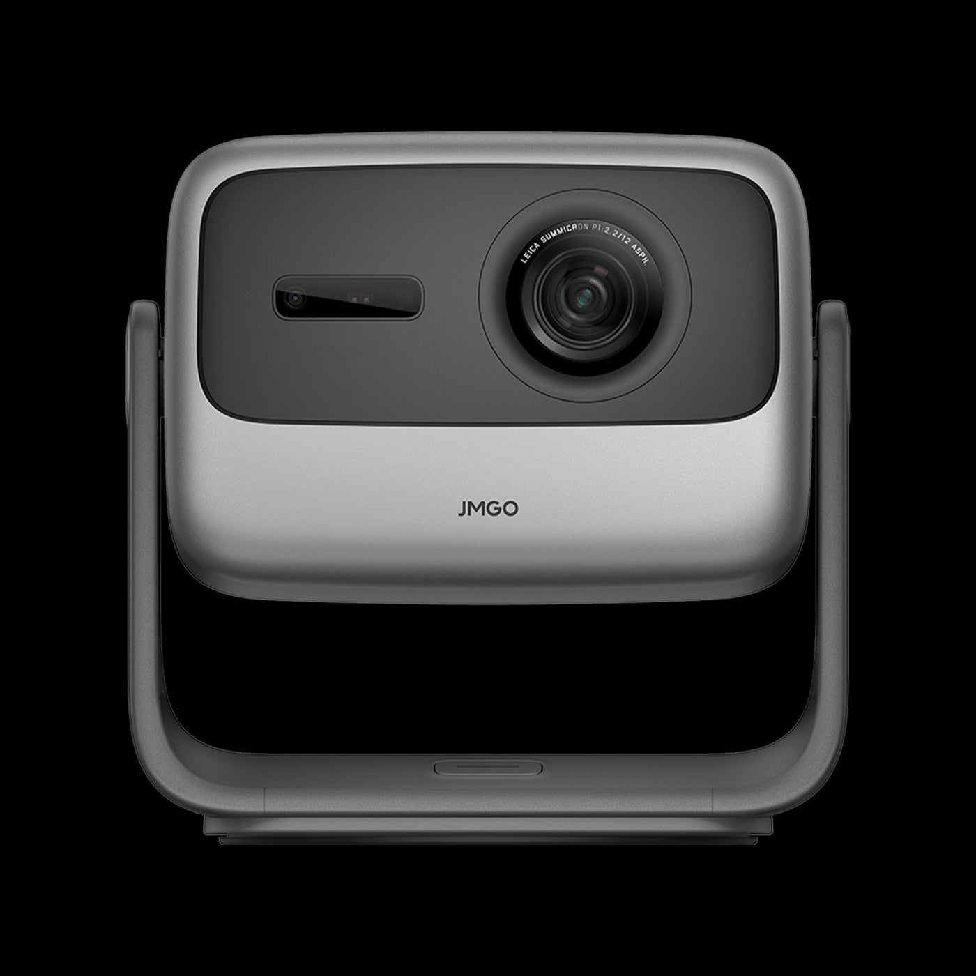 Front view of the black JMGO N1 Pro portable home projector with integrated gimbal design for flexible, tripod-free cinematic viewing and Dolby audio