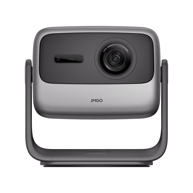 Front view of the black JMGO N1 Pro portable home projector with integrated gimbal design for flexible, tripod-free cinematic viewing and Dolby audio
