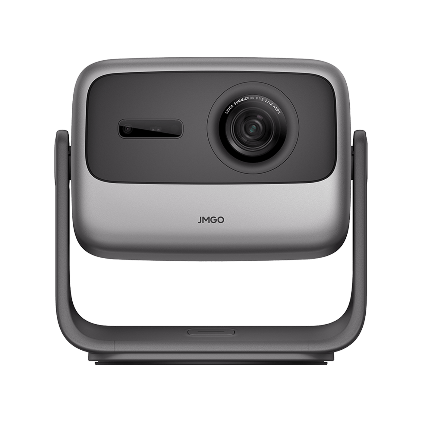 Front view of the black JMGO N1 Pro portable home projector with integrated gimbal design for flexible, tripod-free cinematic viewing and Dolby audio