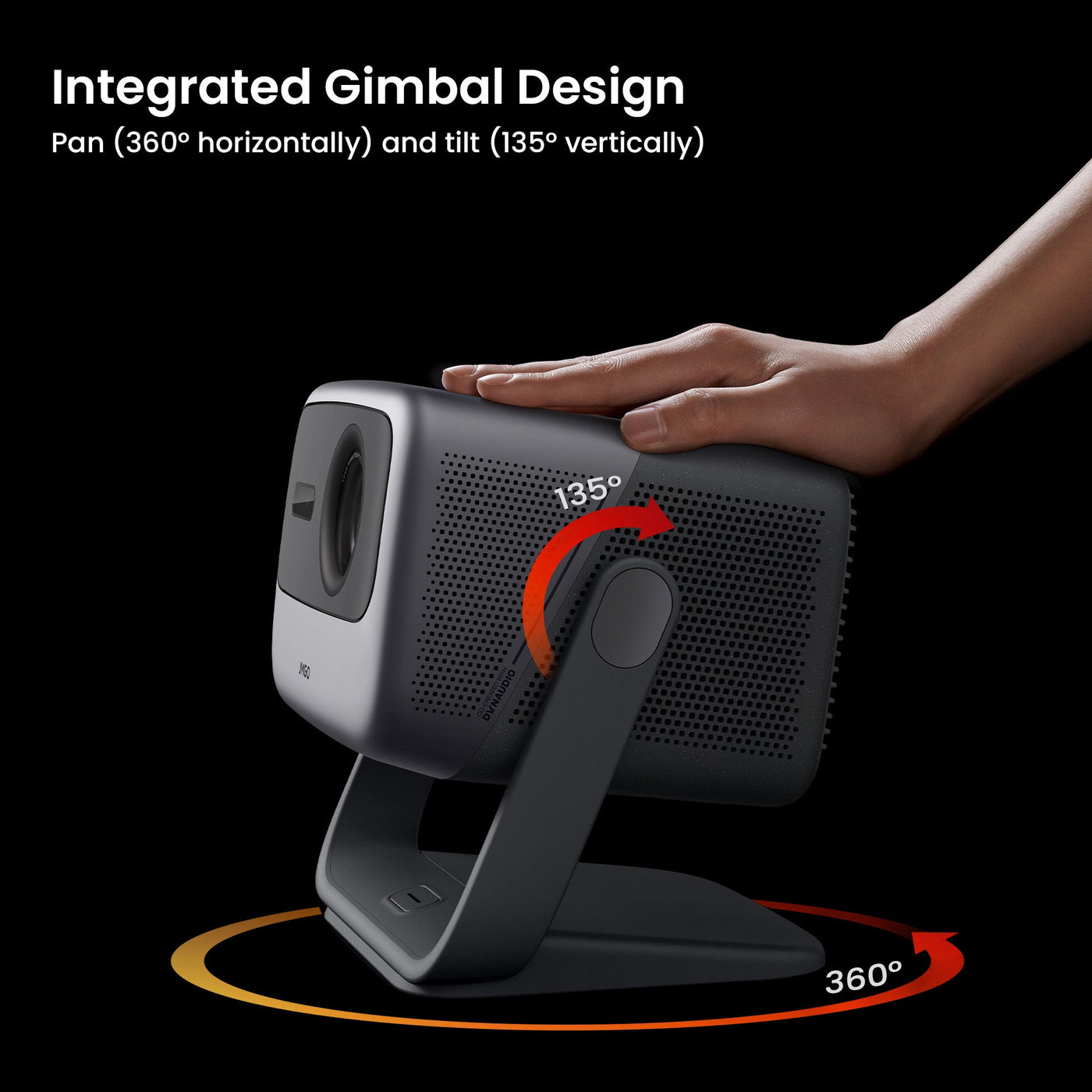 JMGO N1 Pro home projector with integrated gimbal design, offering 360° horizontal and 135° vertical rotation for flexible, tripod-free setup