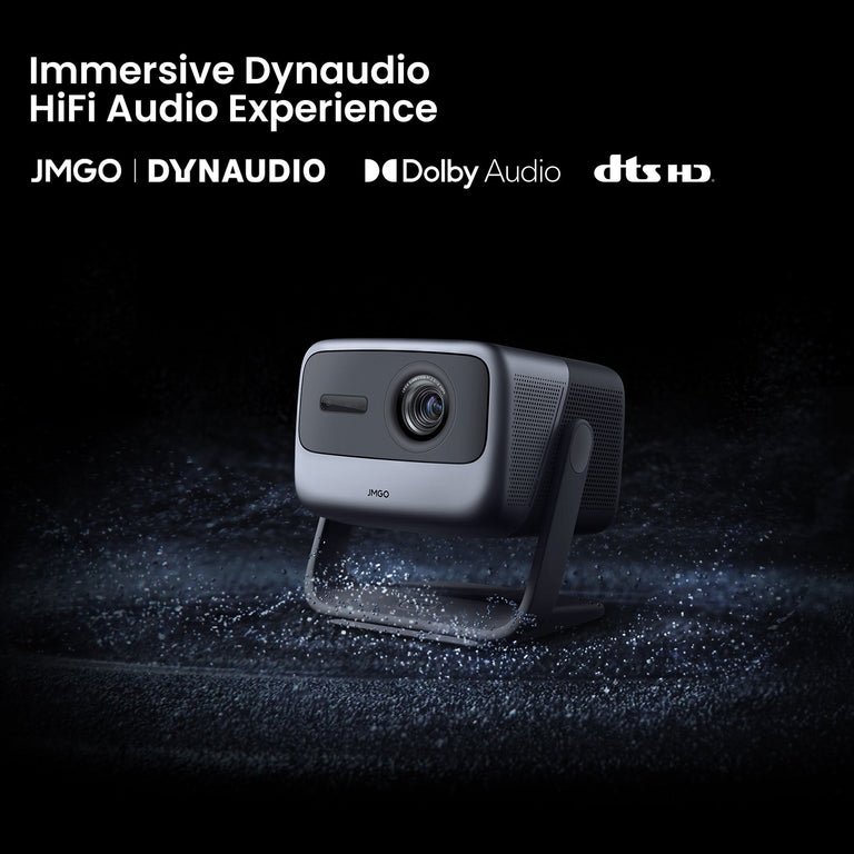 JMGO N1 Pro home projector featuring immersive Dolby audio, delivering high-quality sound for a cinematic and engaging home theater experience