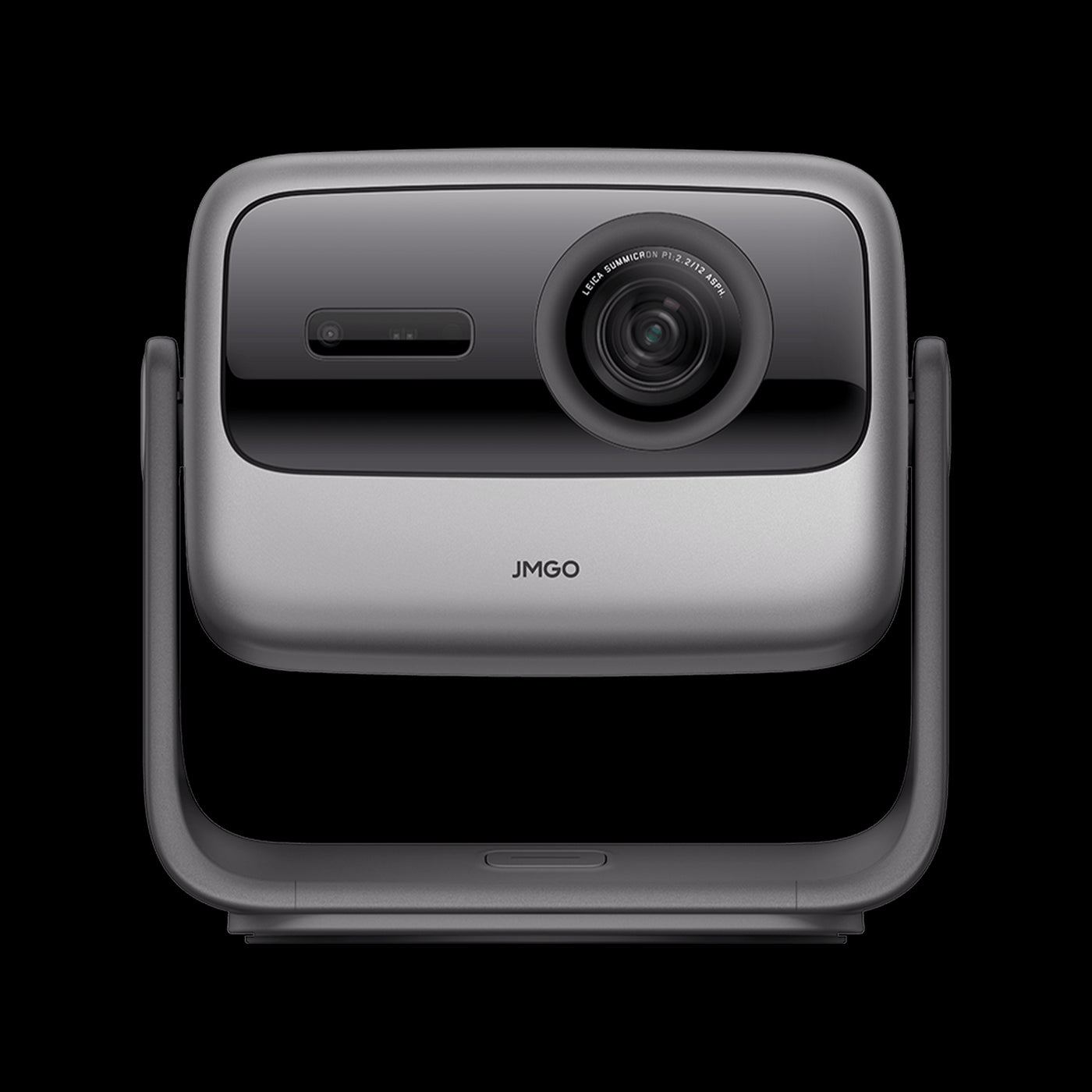 Front view of the black JMGO N1 Ultra 4K portable projector with integrated gimbal design for cinematic home theater viewing