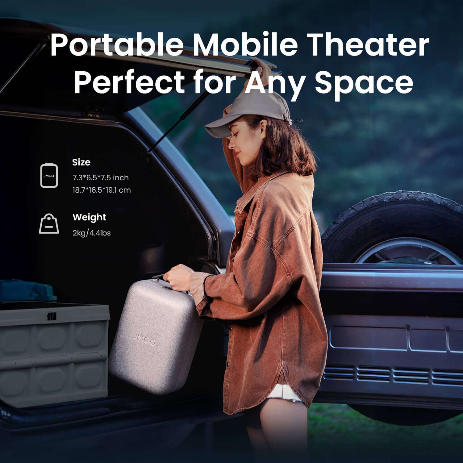 Lightweight JMGO N1S 4K portable mini projector being placed into a car trunk, perfect for travel