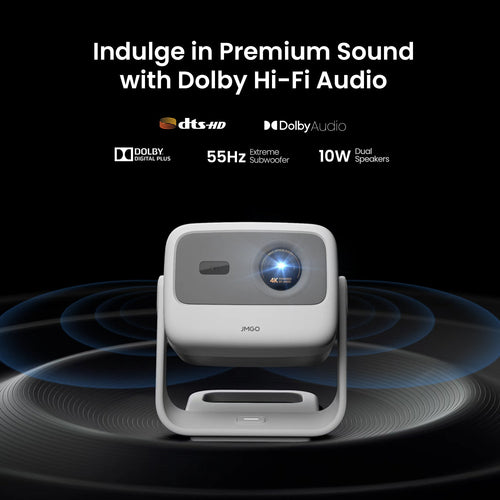 JMGO N1S 4K portable mini projector showcasing Dolby HiFi sound with technical specifications, ideal for home theater and high-quality audio entertainment.