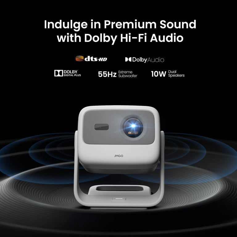 JMGO N1S 4K portable mini projector showcasing Dolby HiFi sound with technical specifications, ideal for home theater and high-quality audio entertainment.