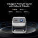 JMGO N1S 4K portable mini projector showcasing Dolby HiFi sound with technical specifications, ideal for home theater and high-quality audio entertainment.