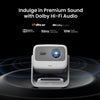 JMGO N1S 4K portable mini projector showcasing Dolby HiFi sound with technical specifications, ideal for home theater and high-quality audio entertainment.