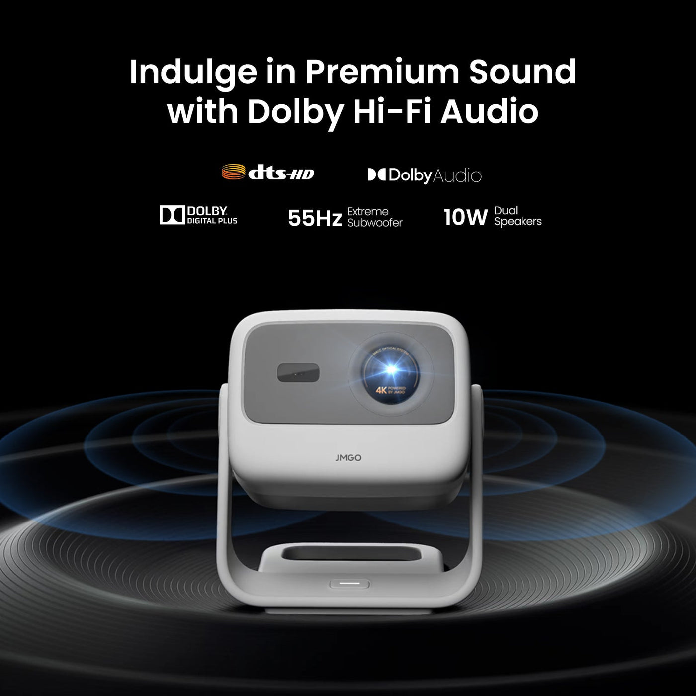 JMGO N1S 4K portable mini projector showcasing Dolby HiFi sound with technical specifications, ideal for home theater and high-quality audio entertainment.