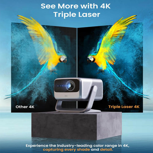 JMGO N1S PRO 4K home theater projector showing triple laser 4K vs standard 4K image quality comparison
