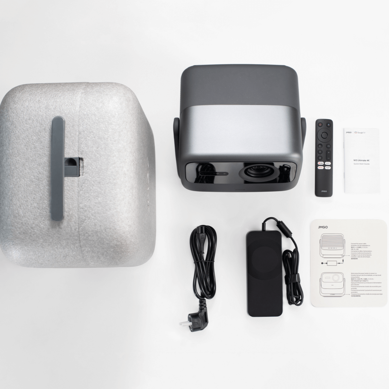 JMGO N1S Ultimate 4K Projector with accessories including a remote control, power cable, and user manual