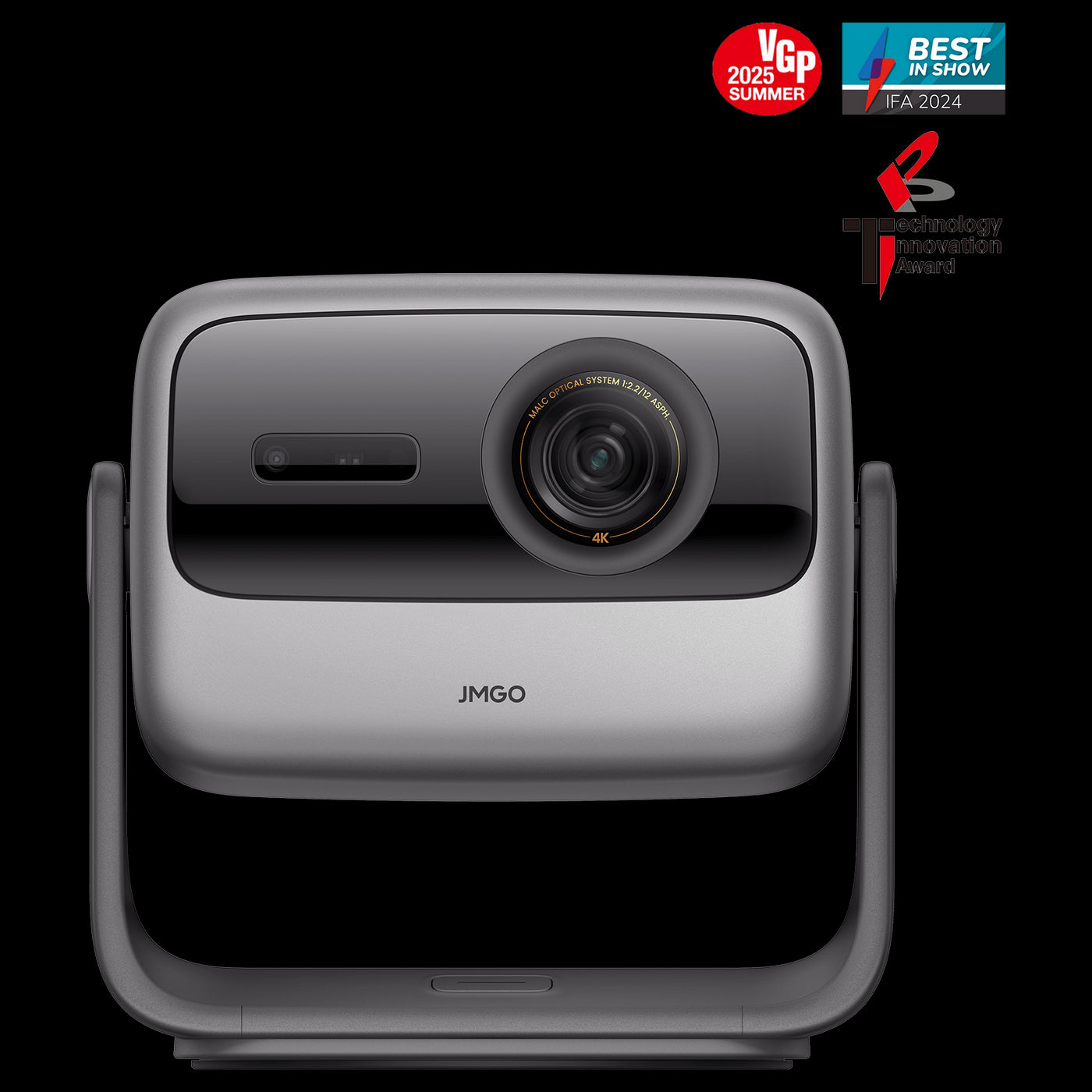 JMGO N1S Ultimate 4K portable projector showcasing award-winning design with VGP 2025 Summer, IFA 2024 Best in Show, and Technology Innovation Awards, perfect for home theater and 4K cinematic experience.