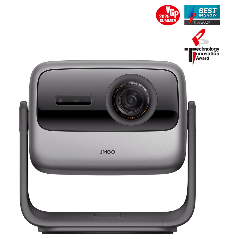 JMGO N1S Ultimate 4K portable projector showcasing award-winning design with VGP 2025 Summer, IFA 2024 Best in Show, and Technology Innovation Awards, perfect for home theater and 4K cinematic experience.