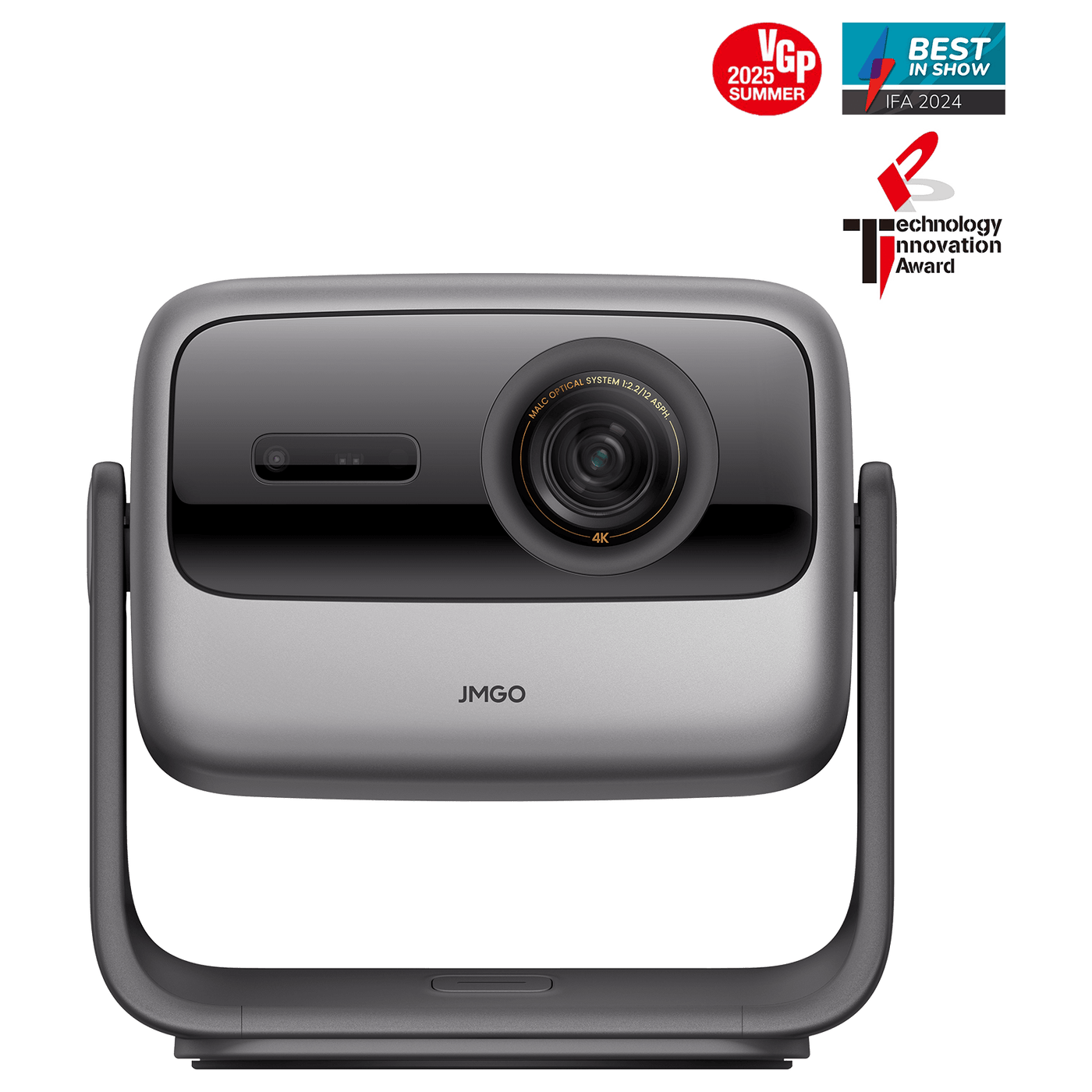 JMGO N1S Ultimate 4K portable projector showcasing award-winning design with VGP 2025 Summer, IFA 2024 Best in Show, and Technology Innovation Awards, perfect for home theater and 4K cinematic experience.
