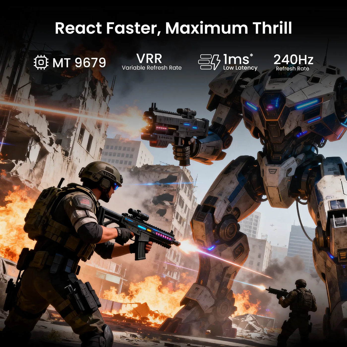 Mechanical suit and soldier in a battle scene with gaming performance text overlay