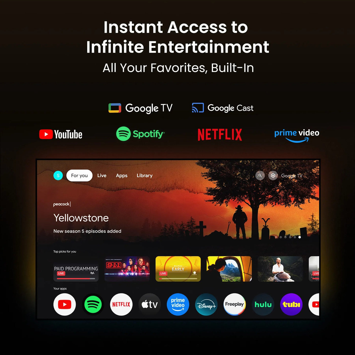 Streaming platform interface with various app icons on a dark background